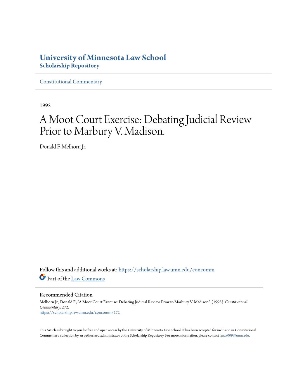 A Moot Court Exercise: Debating Judicial Review Prior to Marbury V