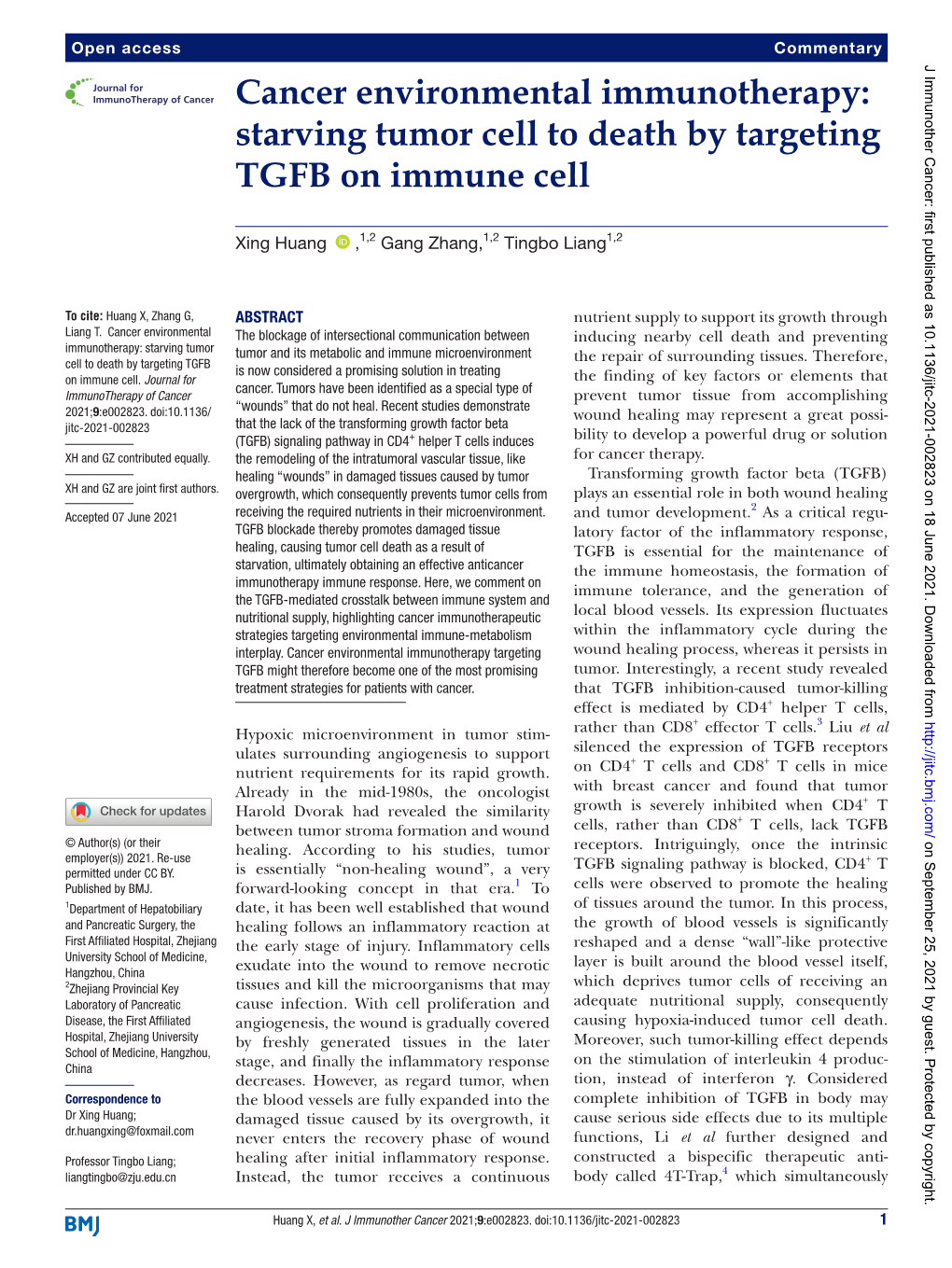 Starving Tumor Cell to Death by Targeting TGFB on Immune Cell