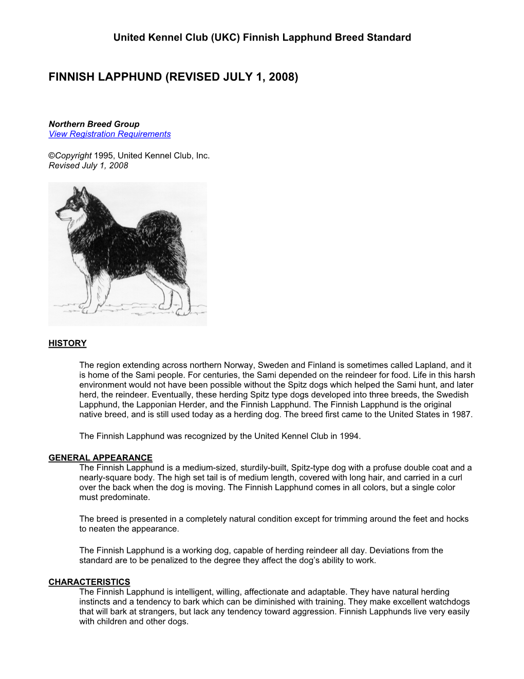 United Kennel Club (UKC) Finnish Lapphund Breed Standard