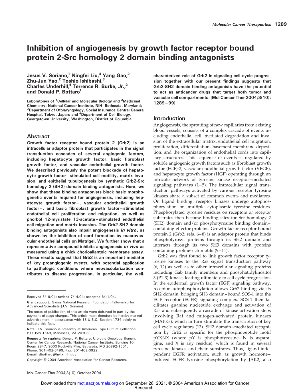 Inhibition of Angiogenesis by Growth Factor Receptor Bound Protein 2-Src Homology 2 Domain Binding Antagonists