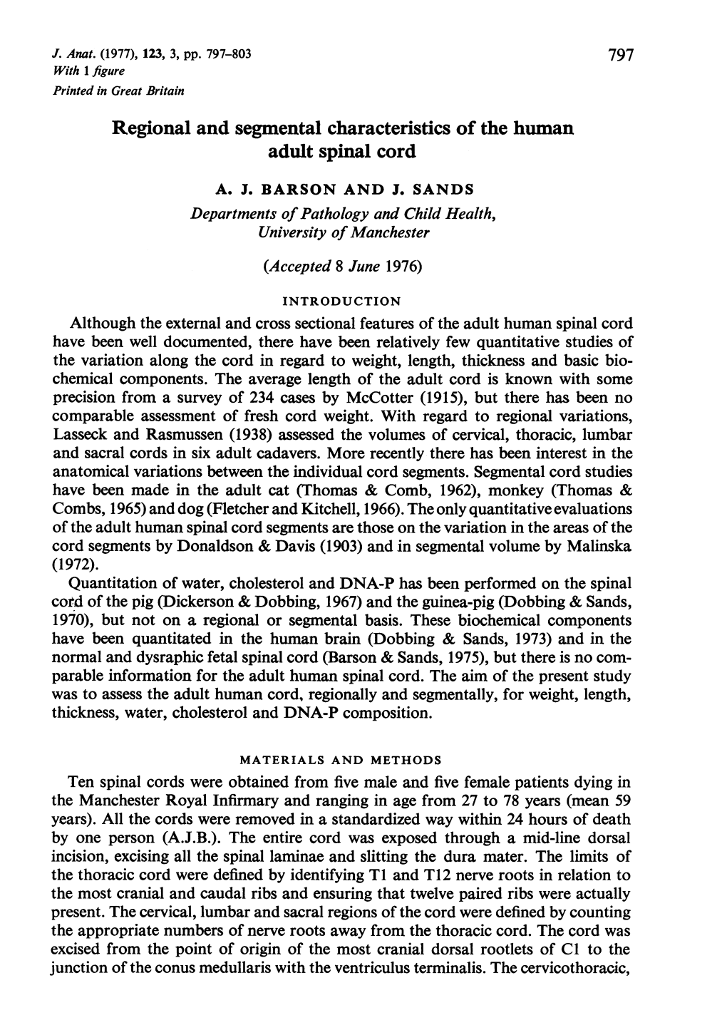 Regional and Segmental Characteristics of the Human Adult Spinal Cord A