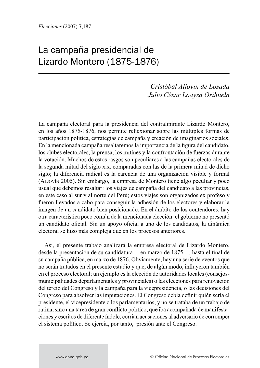 La Campaña Presidencial De Lizardo Montero (1875-1876)