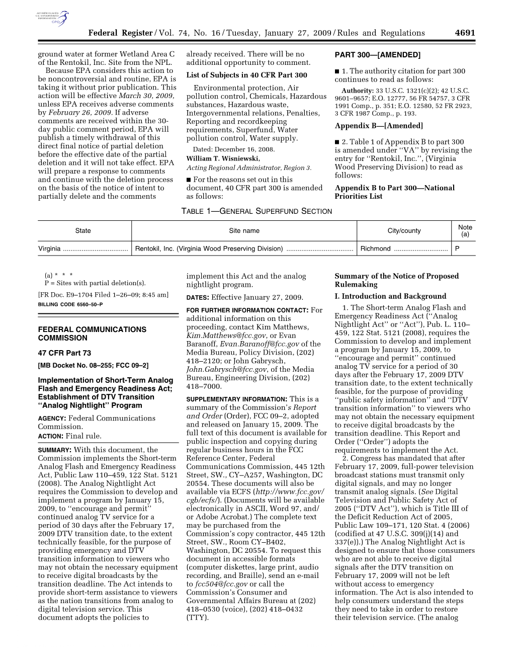 Federal Register/Vol. 74, No. 16/Tuesday, January 27, 2009