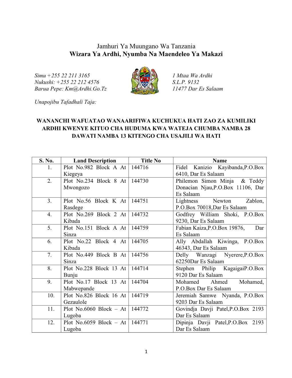 Jamhuri Ya Muungano Wa Tanzania Wizara Ya Ardhi, Nyumba Na Maendeleo Ya Makazi