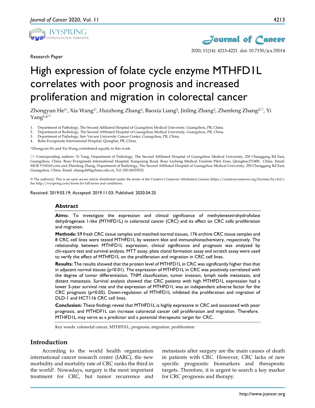 High Expression of Folate Cycle Enzyme MTHFD1L Correlates With