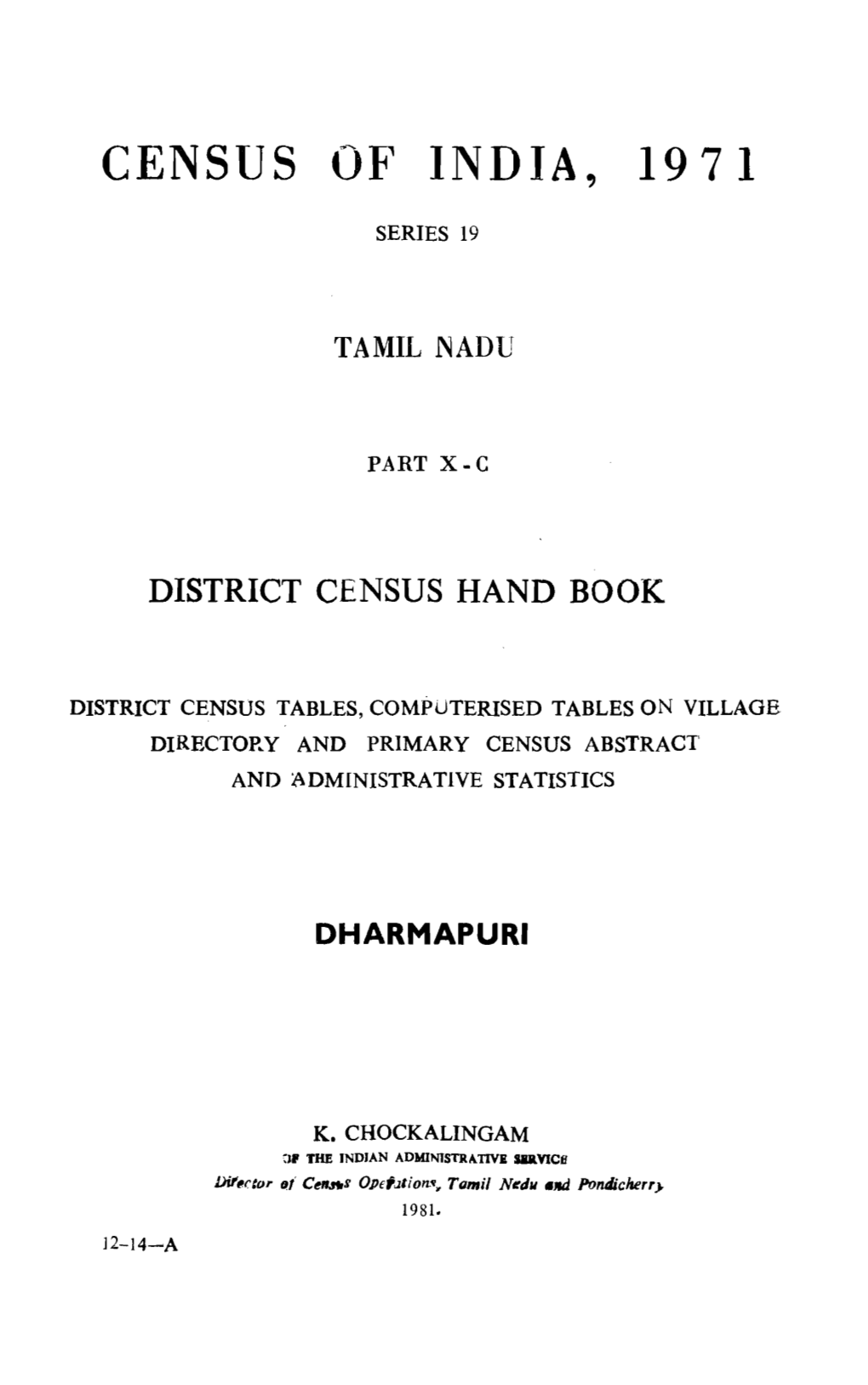 District Census Handbook, Dharmapuri, Part X-C, Series-19