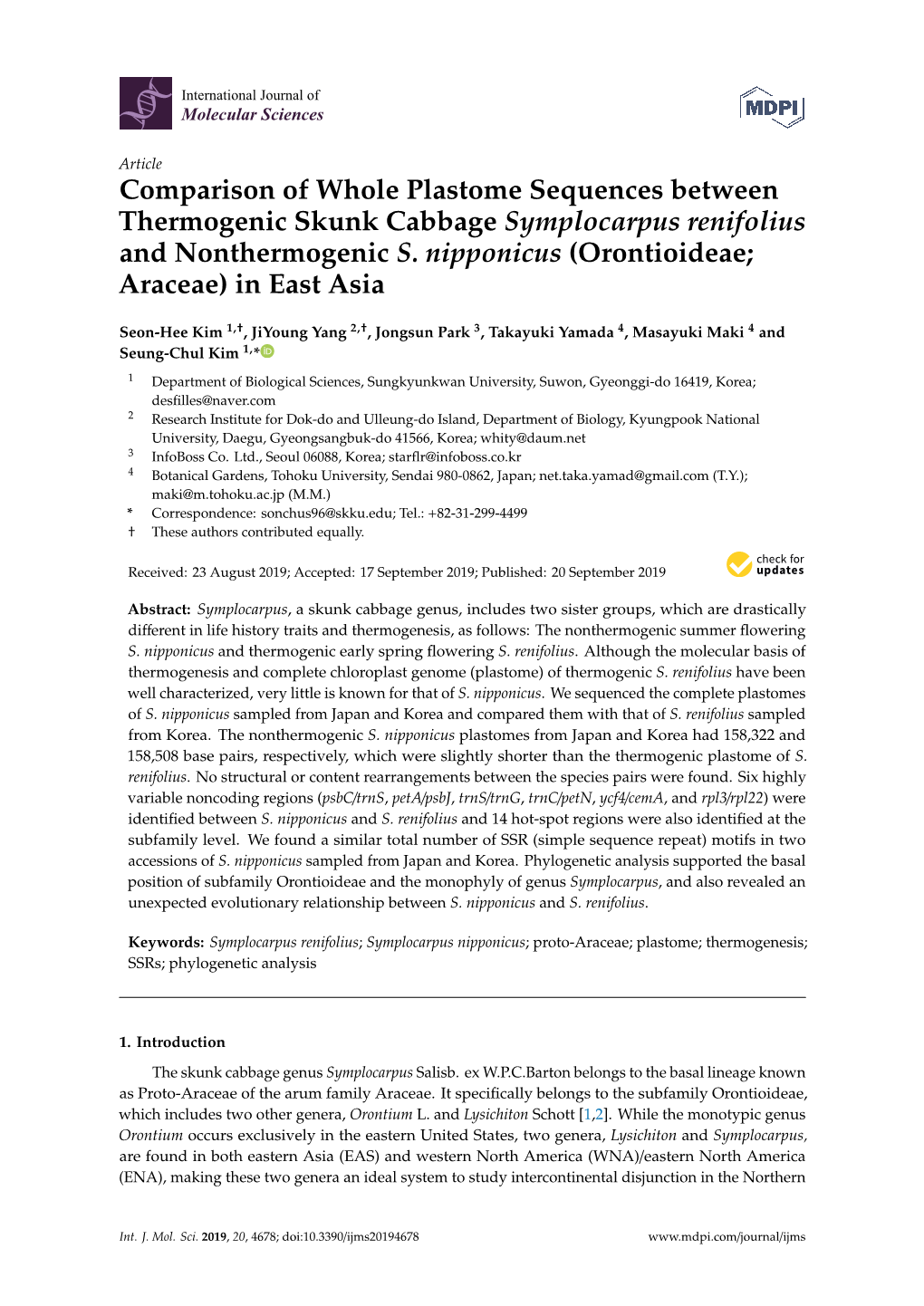 Comparison of Whole Plastome Sequences Between Thermogenic Skunk Cabbage Symplocarpus Renifolius and Nonthermogenic S. Nipponicus (Orontioideae; Araceae) in East Asia