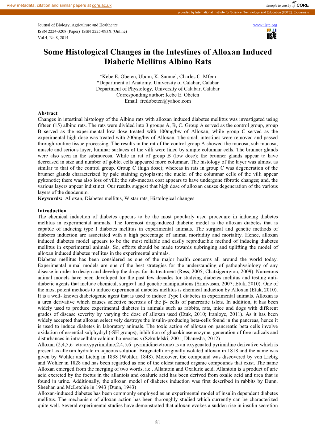 Some Histological Changes in the Intestines of Alloxan Induced Diabetic Mellitus Albino Rats