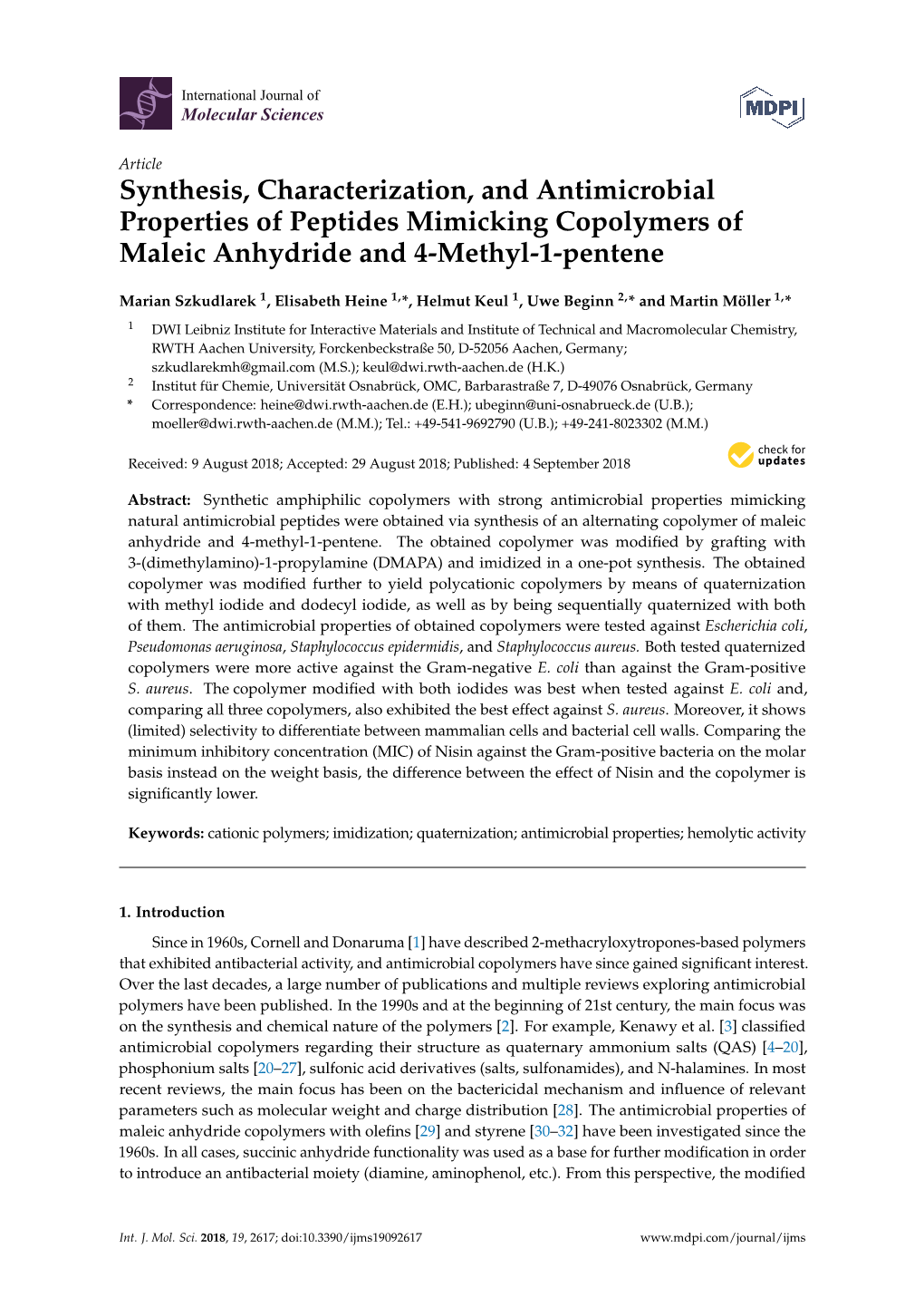 Synthesis, Characterization, and Antimicrobial Properties of Peptides Mimicking Copolymers of Maleic Anhydride and 4-Methyl-1-Pentene