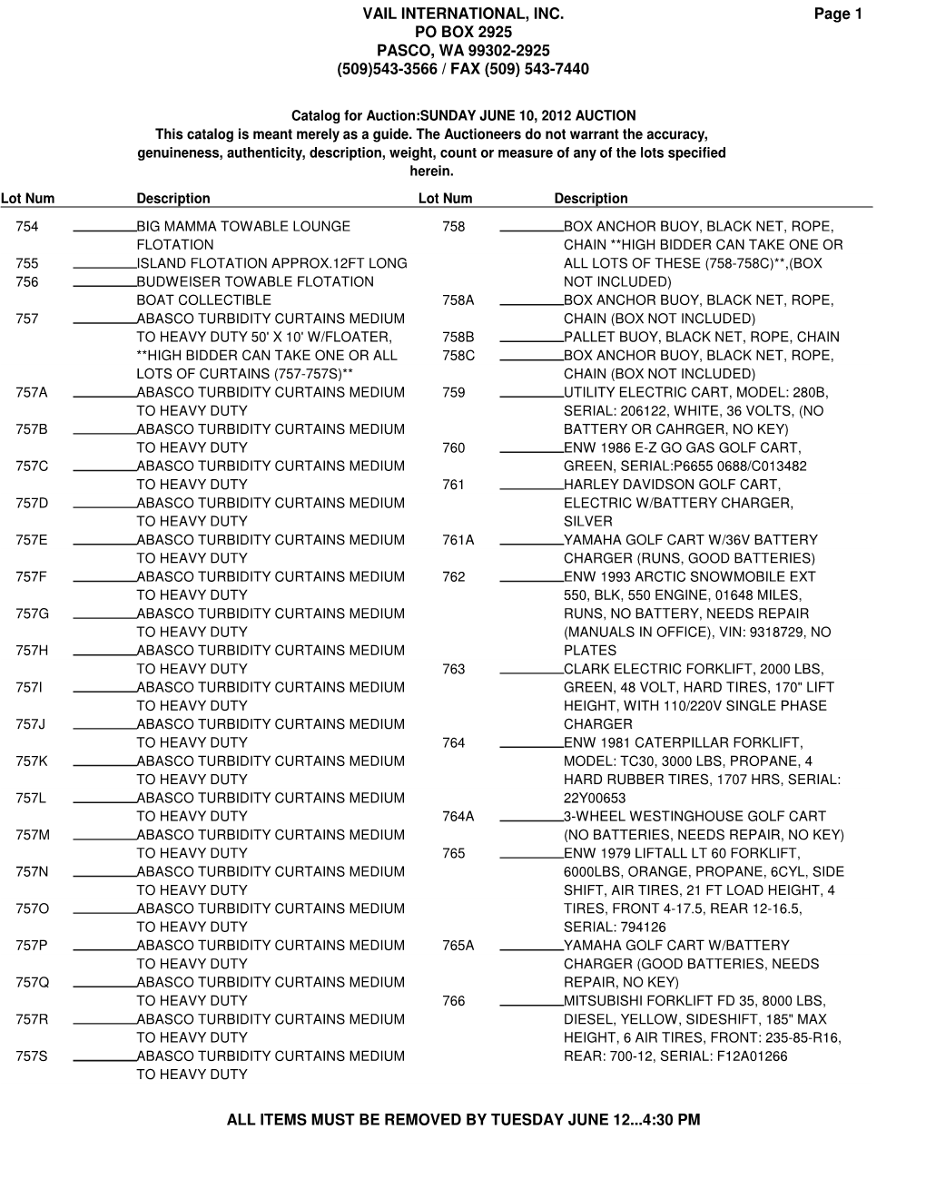 Catalog for Auction:SUNDAY JUNE 10, 2012 AUCTION This Catalog Is Meant Merely As a Guide