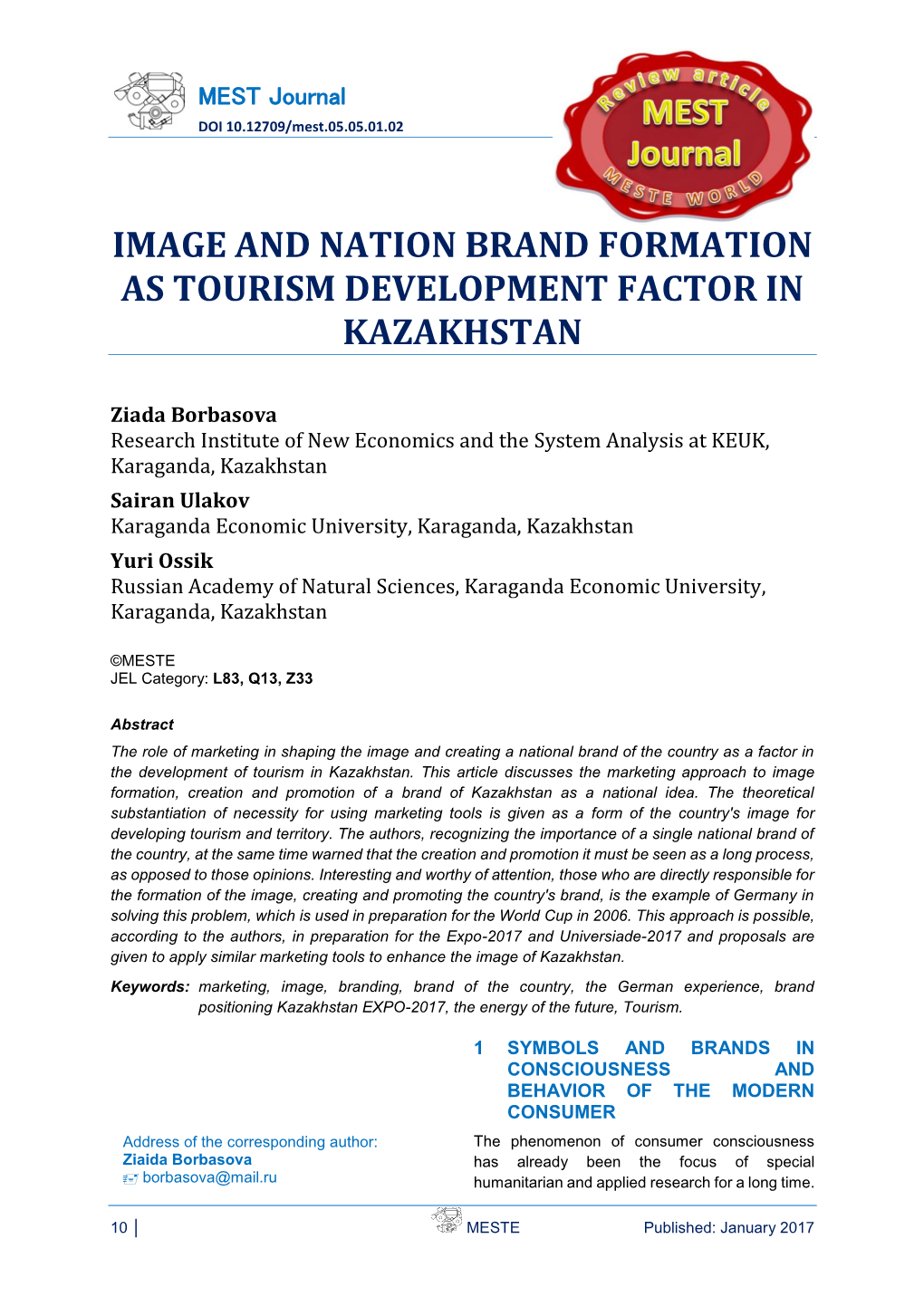 Image and Nation Brand Formation As Tourism Development Factor in Kazakhstan