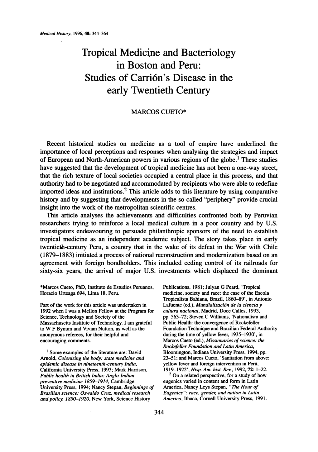 Tropical Medicine and Bacteriology in Boston and Peru: Studies of Carrion's Disease in the Early Twentieth Century