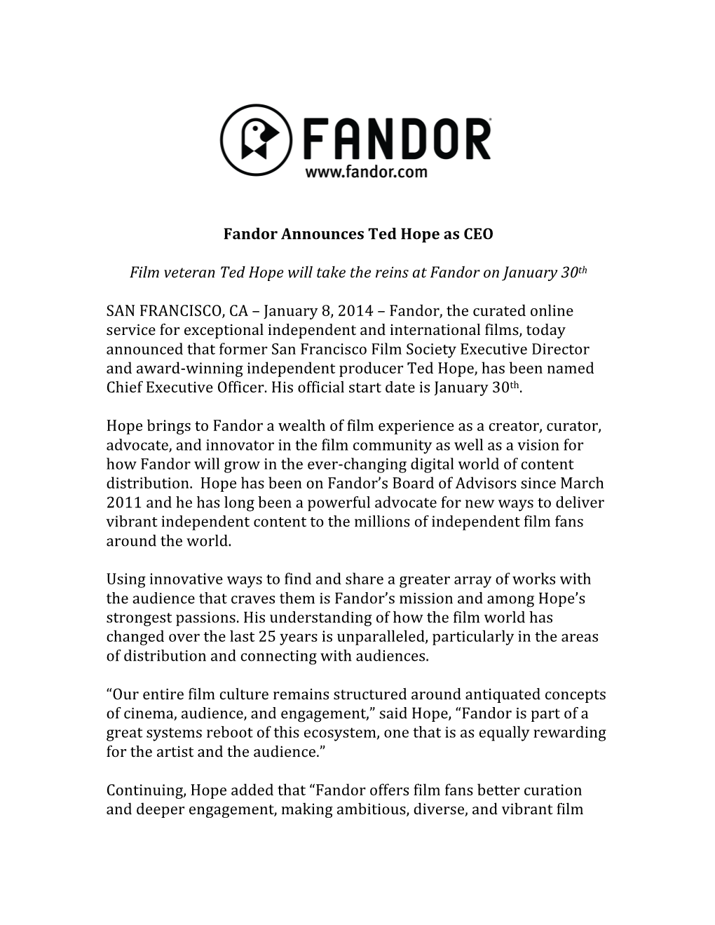 Fandor Announces Ted Hope As CEO