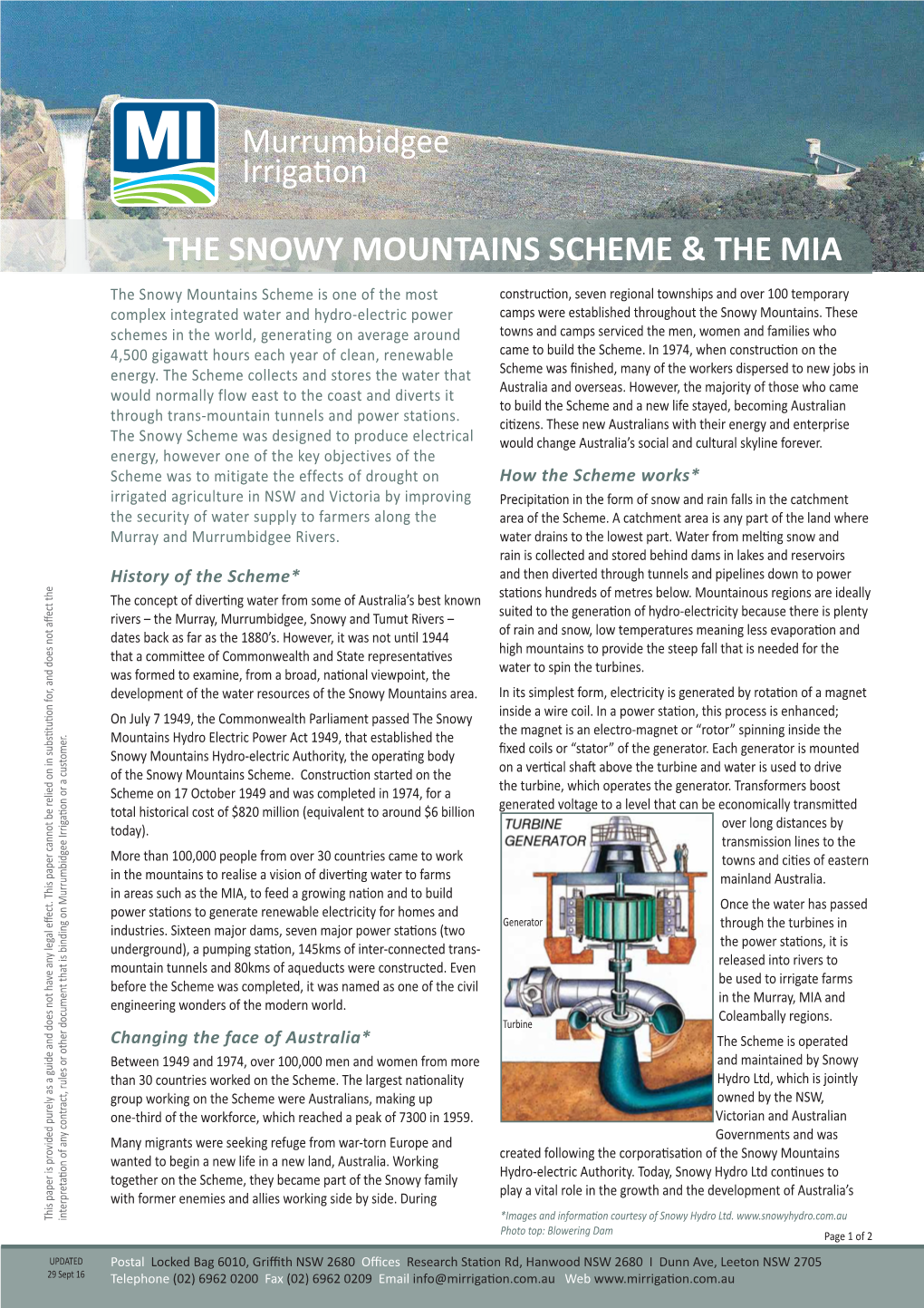 THE SNOWY MOUNTAINS SCHEME & the MIA Murrumbidgee Irrigation