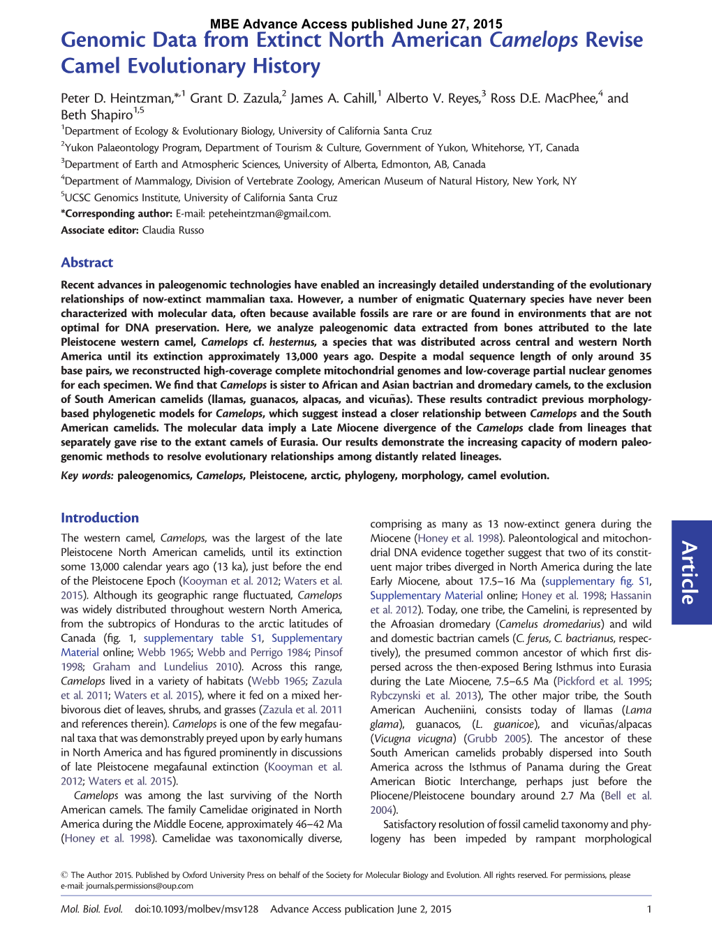 Article Genomic Data from Extinct North American Camelops Revise