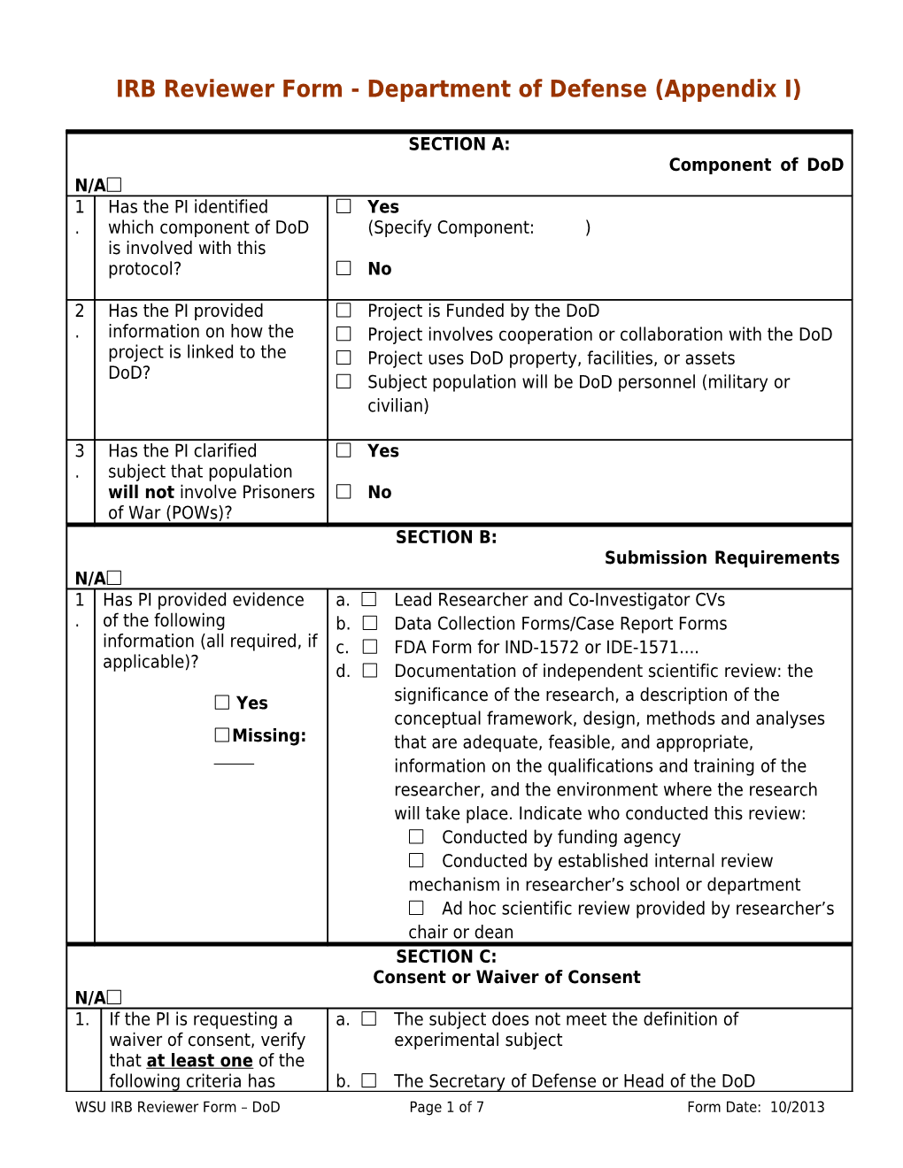 WSU IRB Reviewer Form Dod Page 6 of 6 Form Date: 10/2013