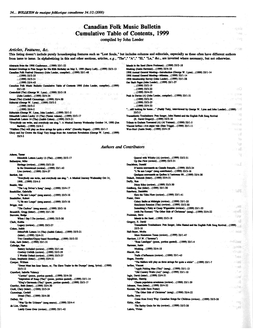 Canadian Folk Music Bulletin Cumulative Table of Contents, 1999 Compiled by John Leeder