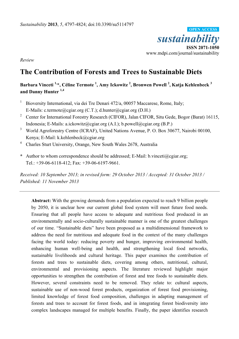 The Contribution of Forests and Trees to Sustainable Diets