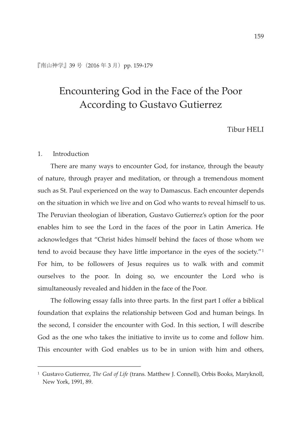 Encountering God in the Face of the Poor According to Gustavo Gutierrez