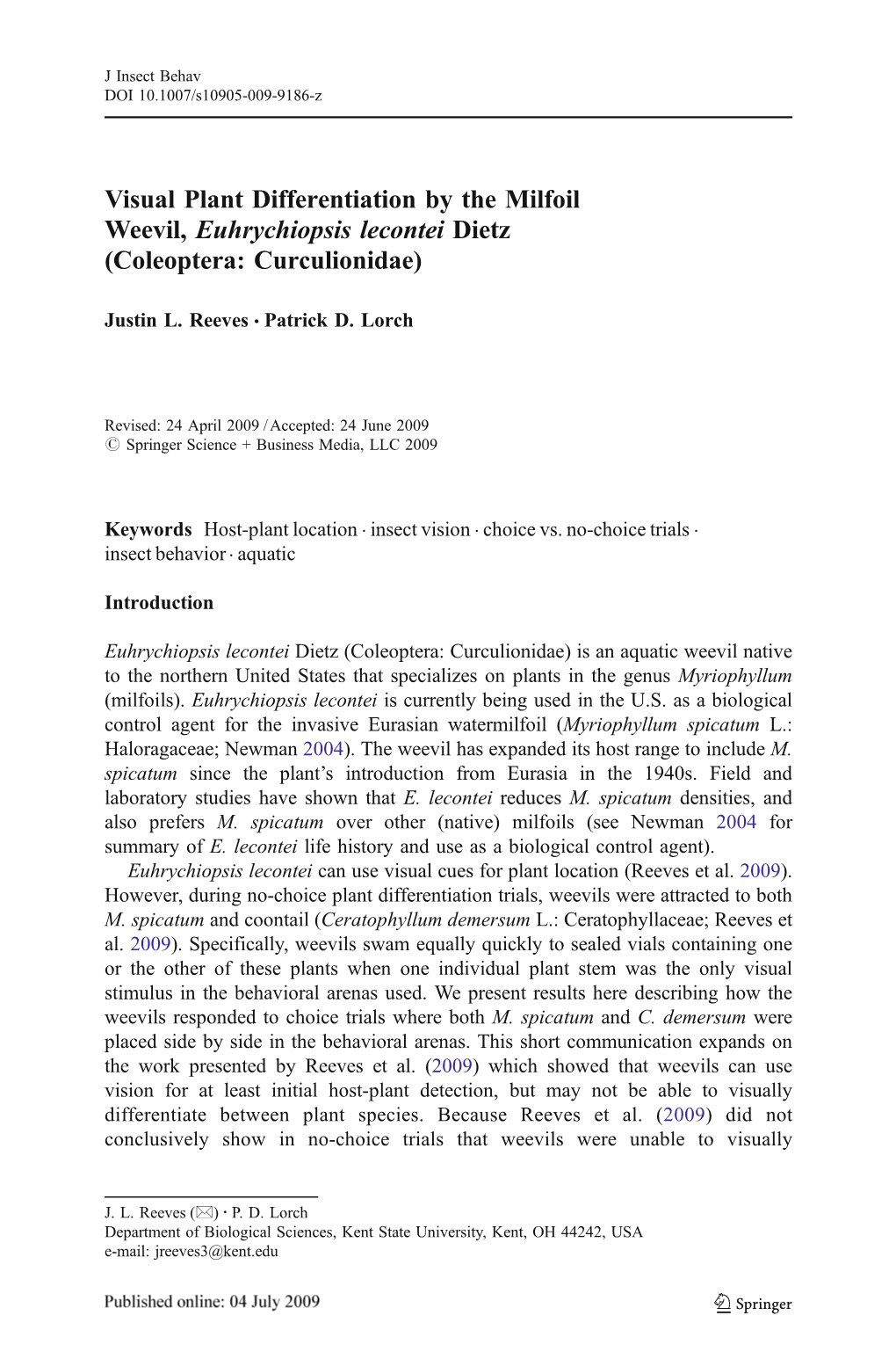 Visual Plant Differentiation by the Milfoil Weevil, Euhrychiopsis Lecontei Dietz (Coleoptera: Curculionidae)