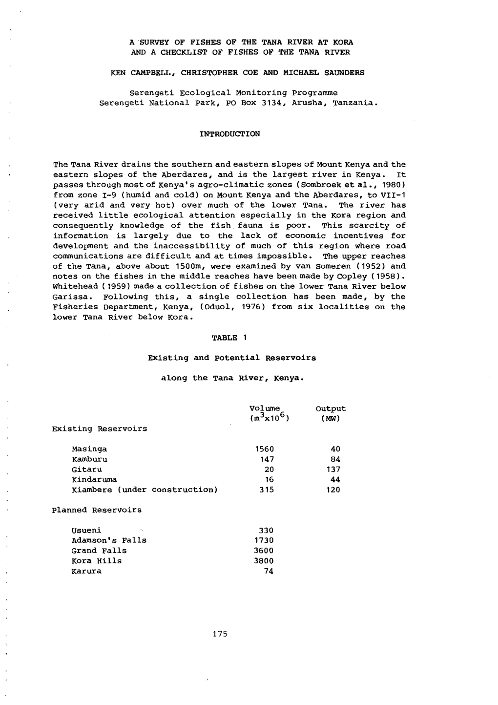 A Survey of Fishes of the Tana River at Kora and a Checklist of Fishes of the Tana River