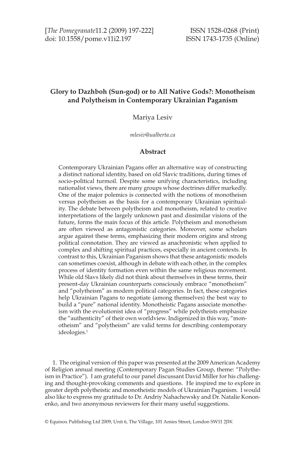 [The Pomegranate11.2 (2009) 197-222] ISSN 1528-0268 (Print) Doi: 10.1558/Pome.V11i2.197 ISSN 1743-1735 (Online)