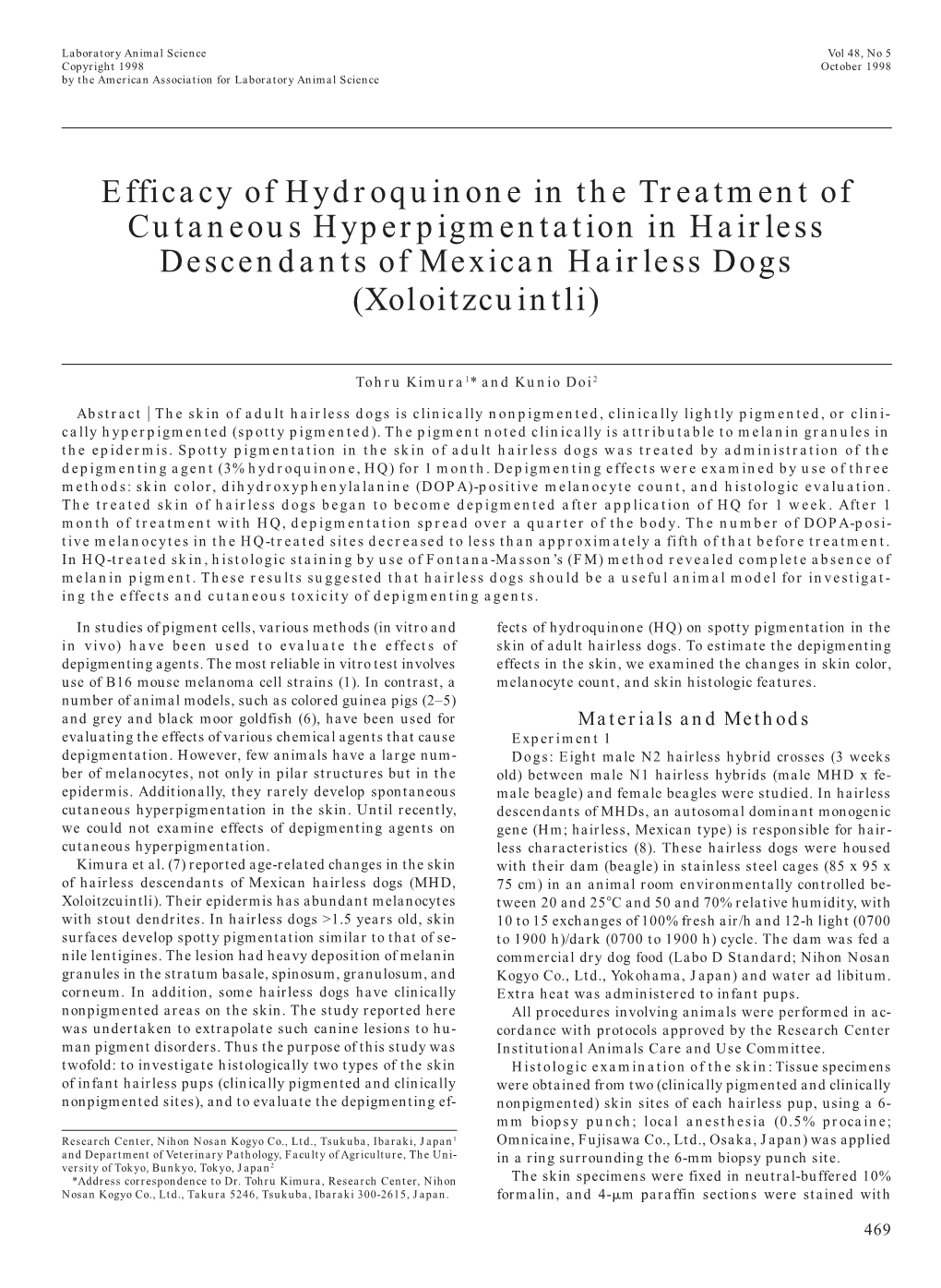 Efficacy of Hydroquinone in the Treatment of Cutaneous Hyperpigmentation in Hairless Descendants of Mexican Hairless Dogs (Xoloitzcuintli)