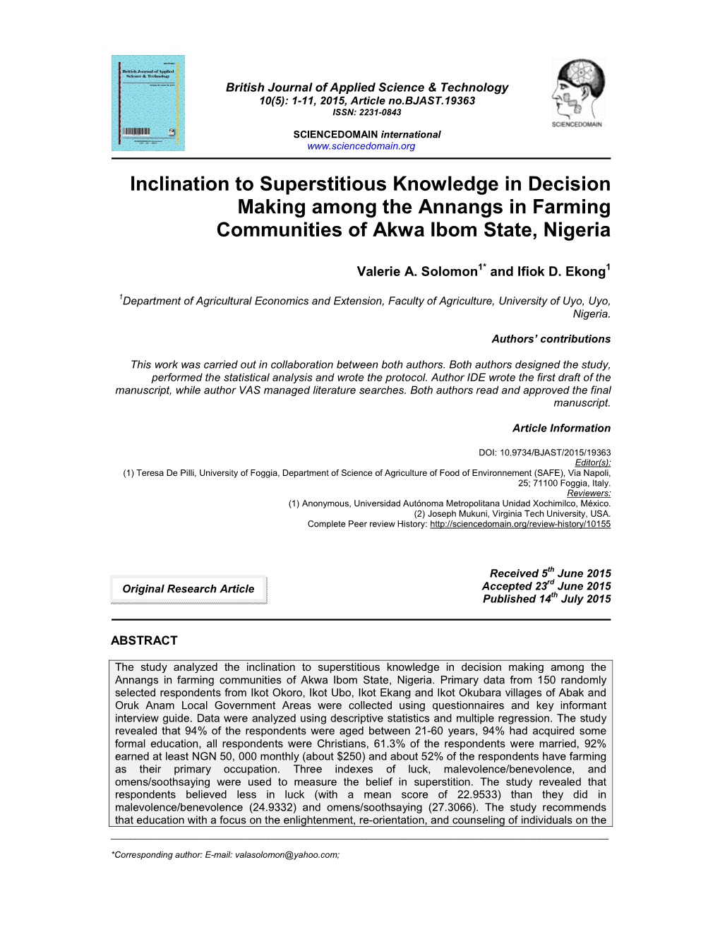 Inclination to Superstitious Knowledge in Decision Making Among the Annangs in Farming Communities of Akwa Ibom State, Nigeria