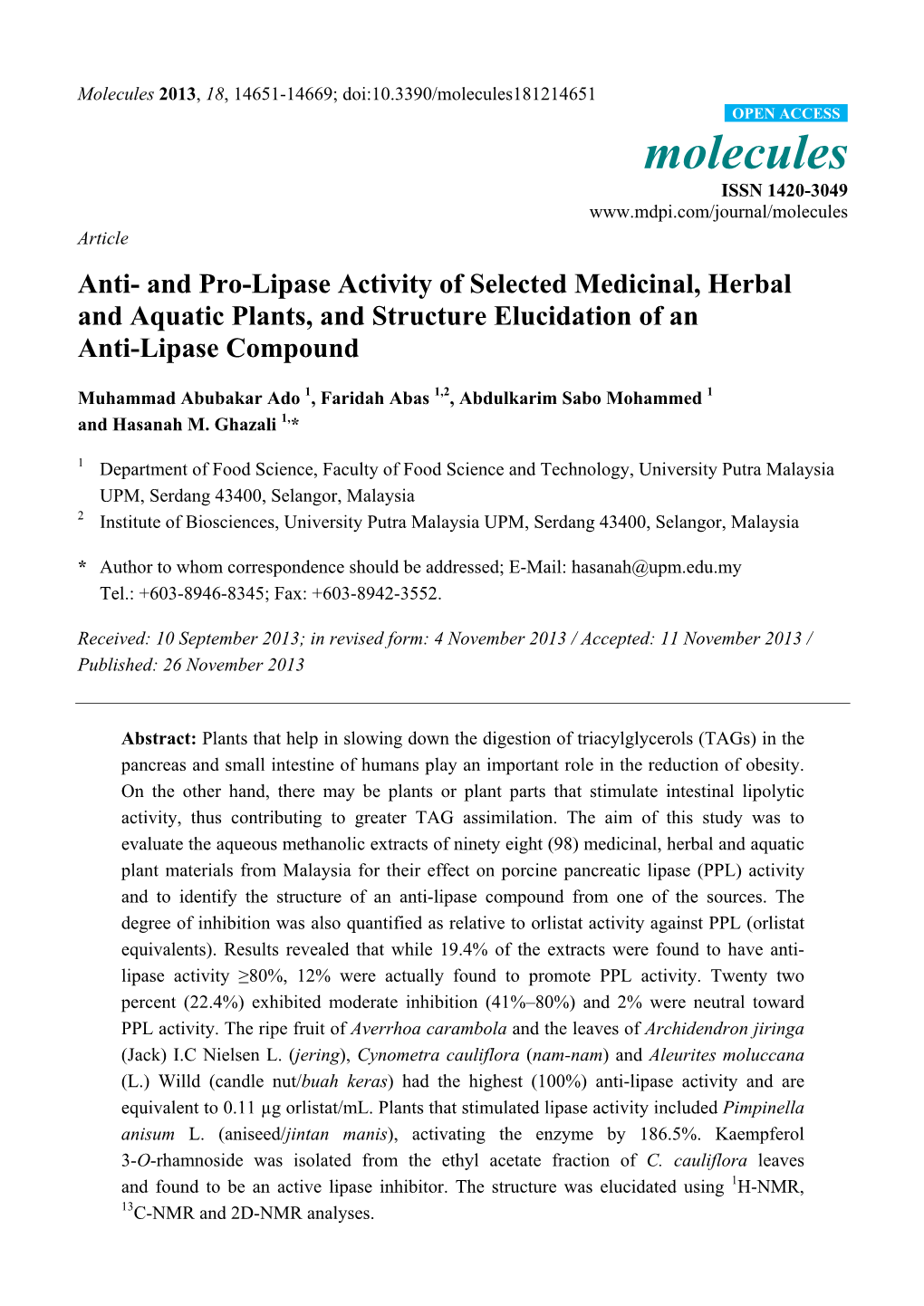 Anti- and Pro-Lipase Activity of Selected Medicinal, Herbal and Aquatic Plants, and Structure Elucidation of an Anti-Lipase Compound