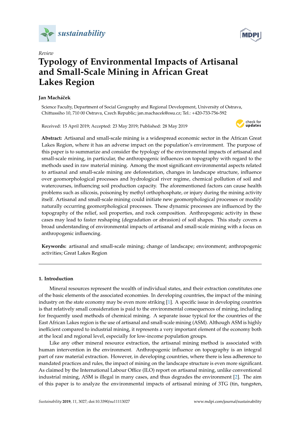 Typology of Environmental Impacts of Artisanal and Small-Scale Mining in African Great Lakes Region