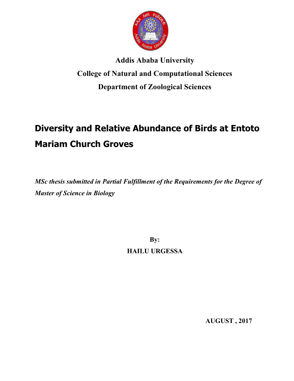 Diversity and Relative Abundance of Birds at Entoto Mariam Church Groves
