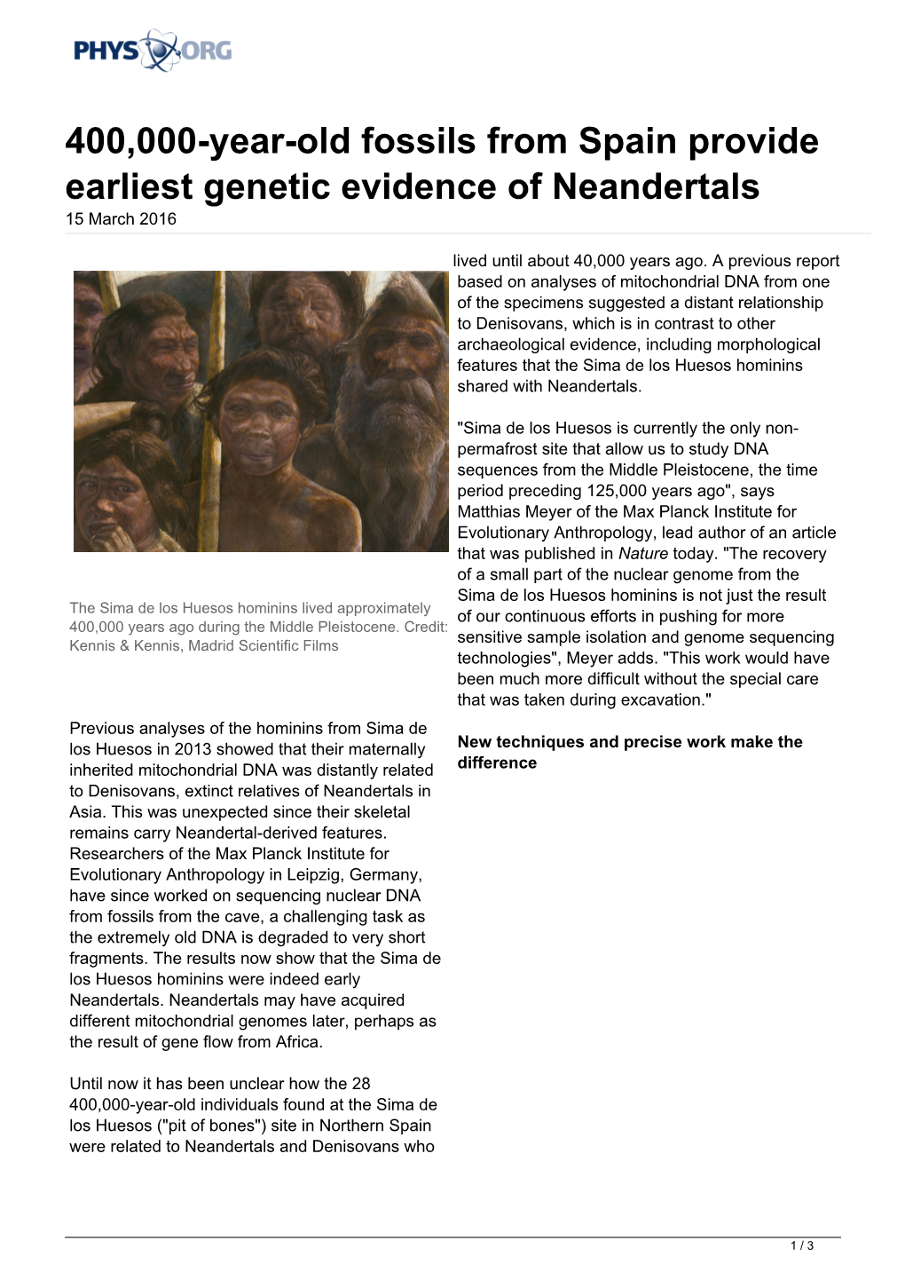 400,000-Year-Old Fossils from Spain Provide Earliest Genetic Evidence of Neandertals 15 March 2016