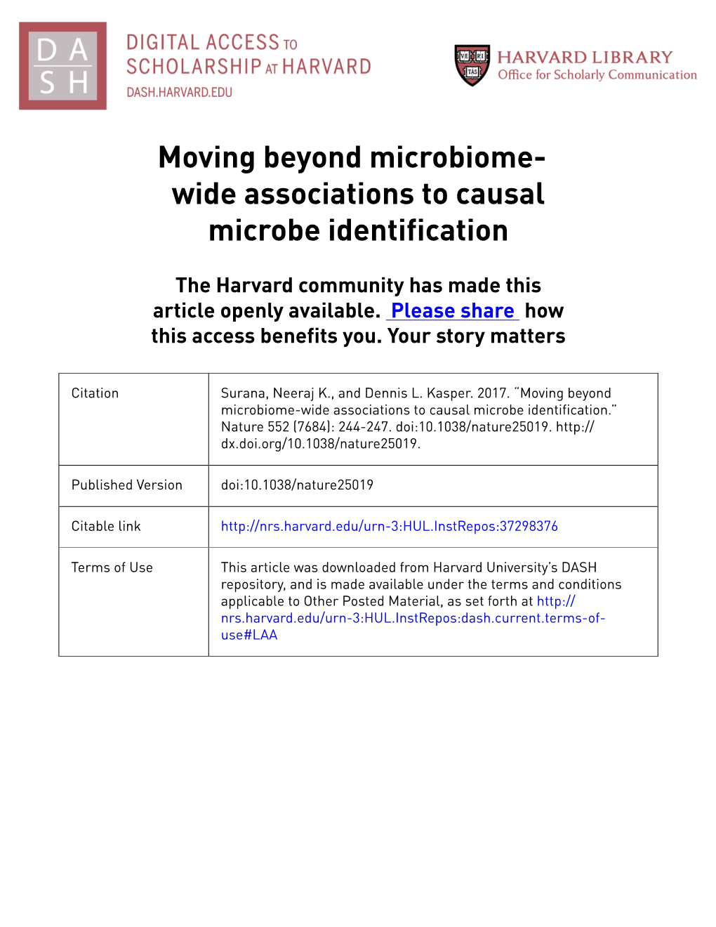 Moving Beyond Microbiome-Wide Associations to Causal Microbe Identification.” Nature 552 (7684): 244-247