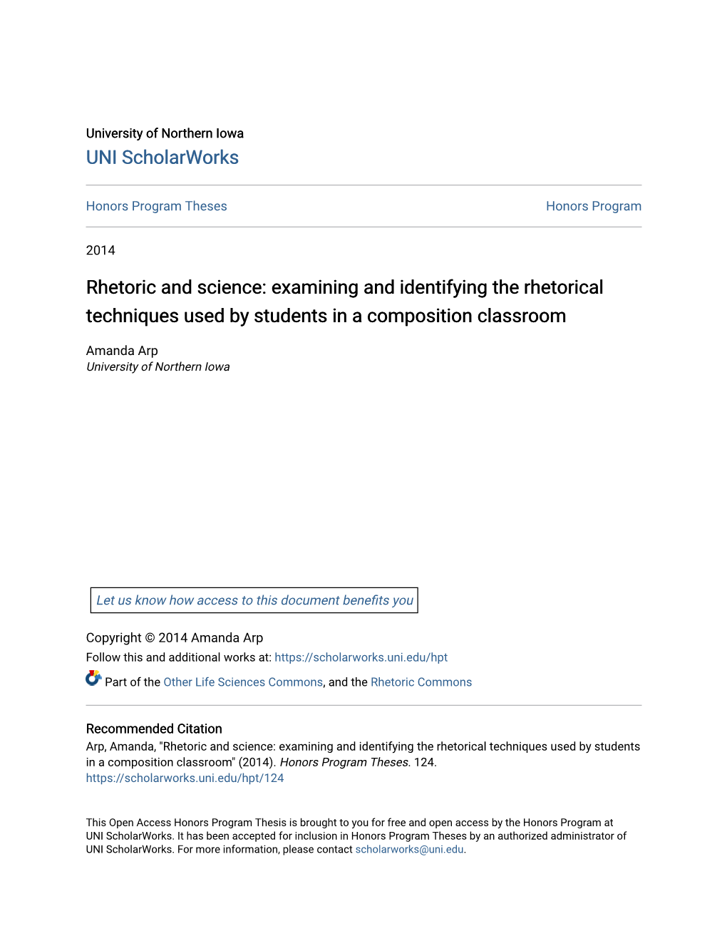 Rhetoric and Science: Examining and Identifying the Rhetorical Techniques Used by Students in a Composition Classroom