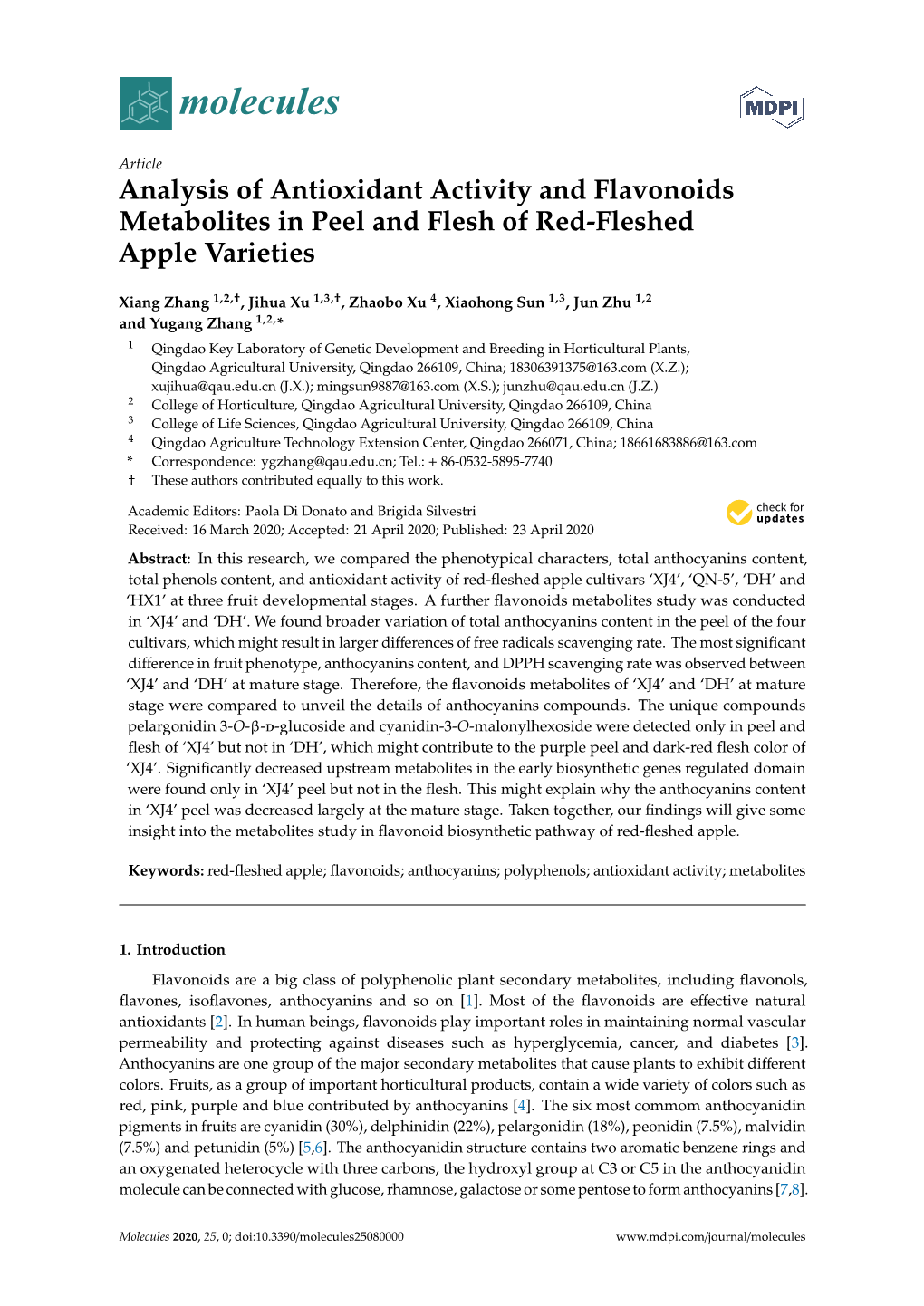 Analysis of Antioxidant Activity and Flavonoids Metabolites in Peel and Flesh of Red-Fleshed Apple Varieties