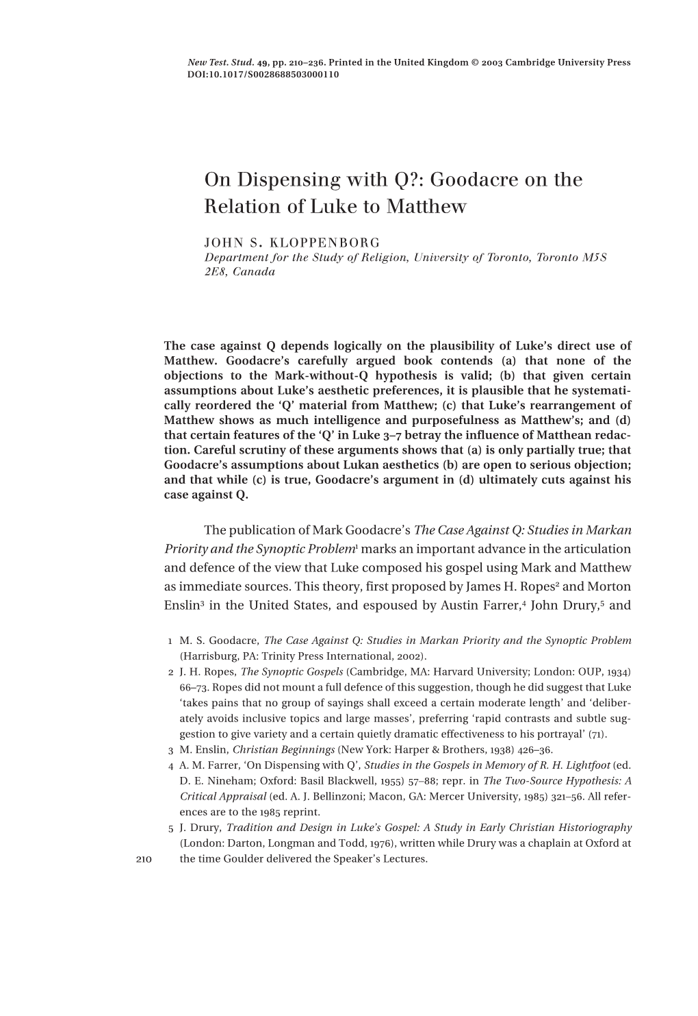 On Dispensing with Q?: Goodacre on the Relation of Luke to Matthew