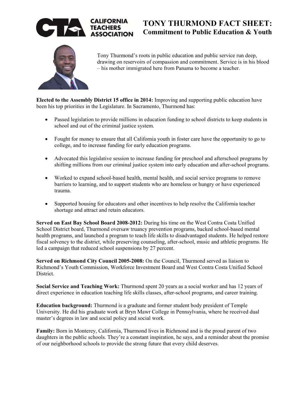 TONY THURMOND FACT SHEET: Commitment to Public Education & Youth