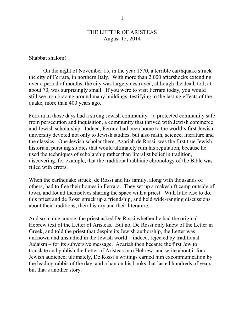 THE LETTER of ARISTEAS August 15, 2014