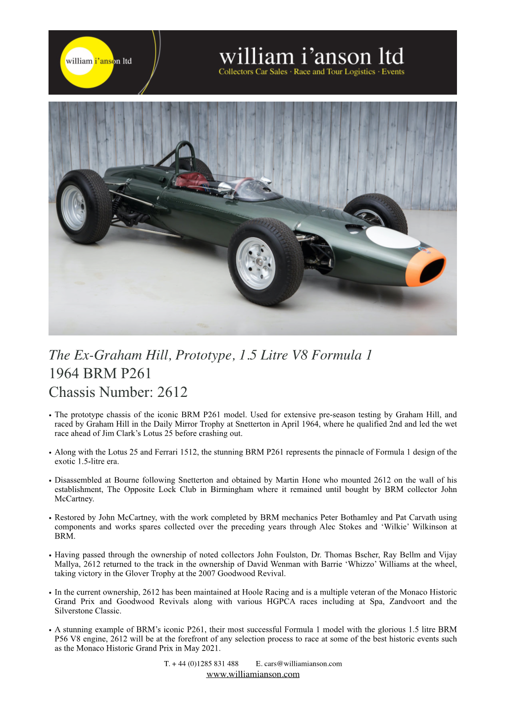 Graham Hill, Prototype, 1.5 Litre V8 Formula 1 1964 BRM P261 Chassis Number: 2612