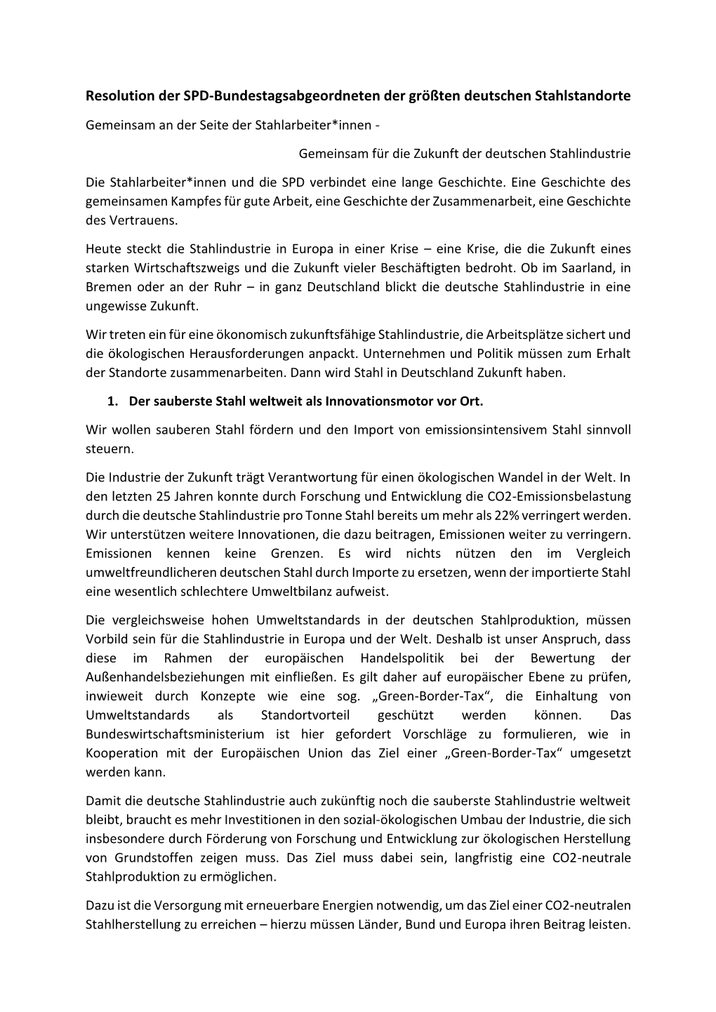 Resolution Der SPD-Bundestagsabgeordneten Der