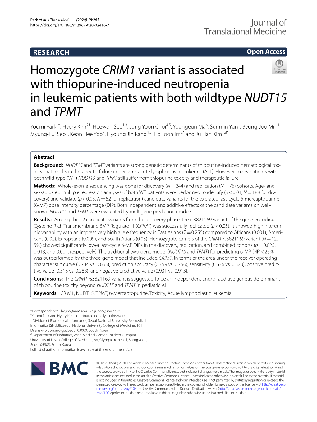 Homozygote CRIM1 Variant Is Associated with Thiopurine-Induced