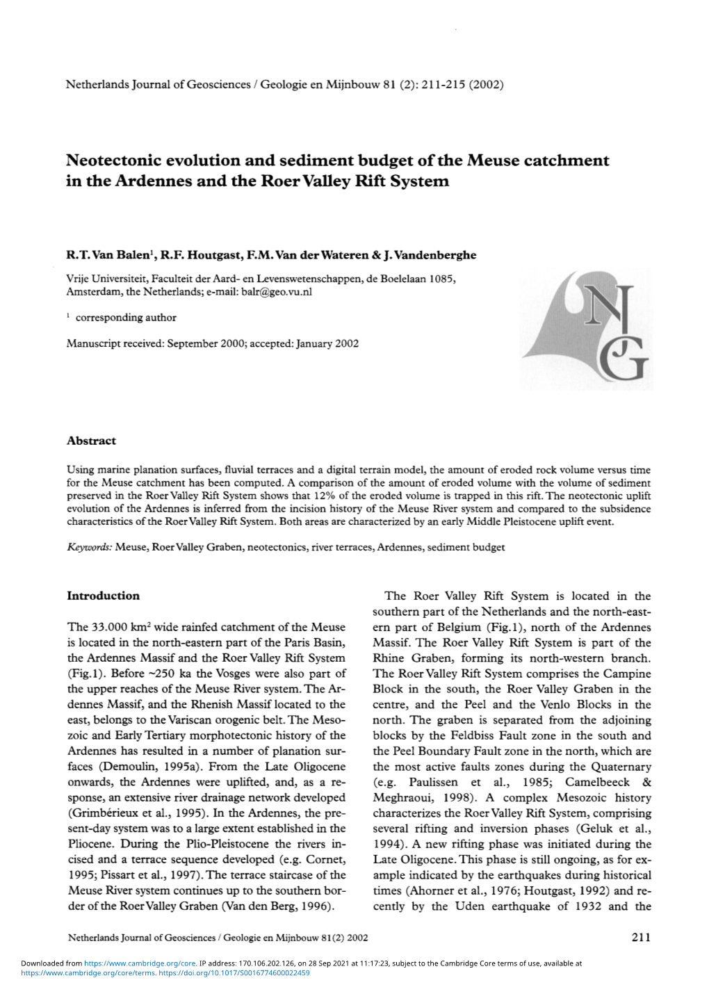 Neotectonic Evolution and Sediment Budget of the Meuse Catchment in the Ardennes and the Roer Valley Rift System