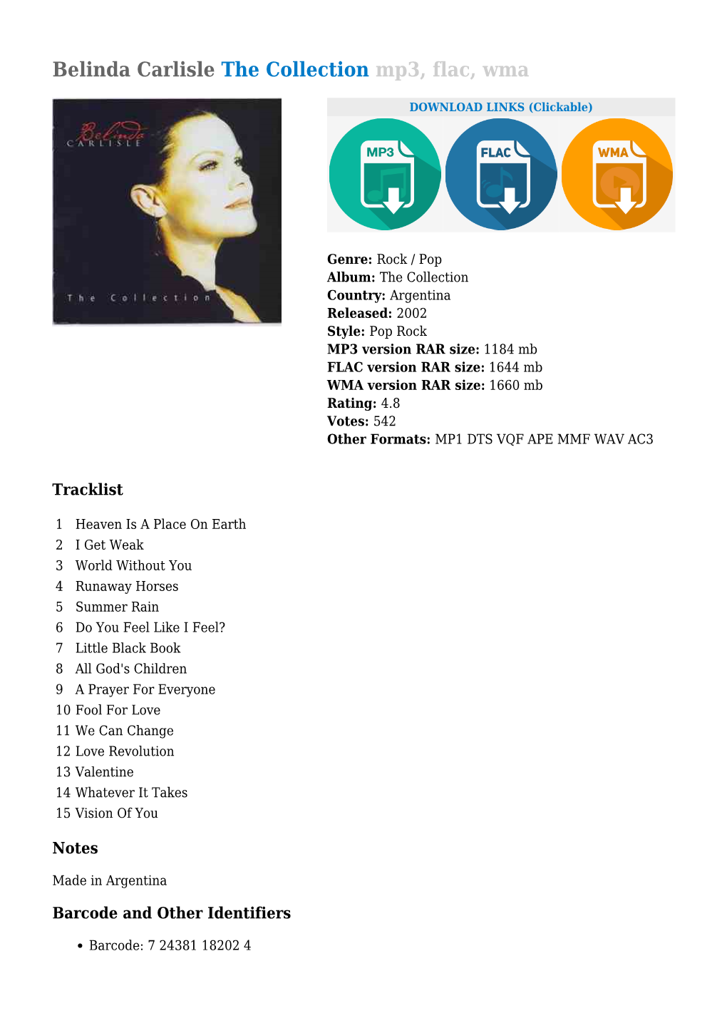 Belinda Carlisle the Collection Mp3, Flac, Wma