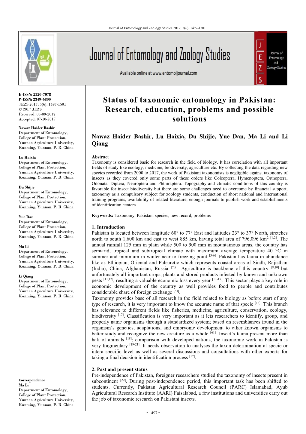 Status of Taxonomic Entomology in Pakistan