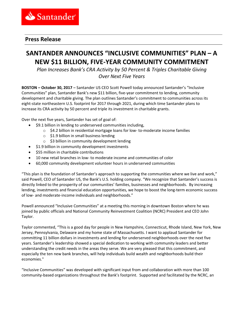 “Inclusive Communities” Plan