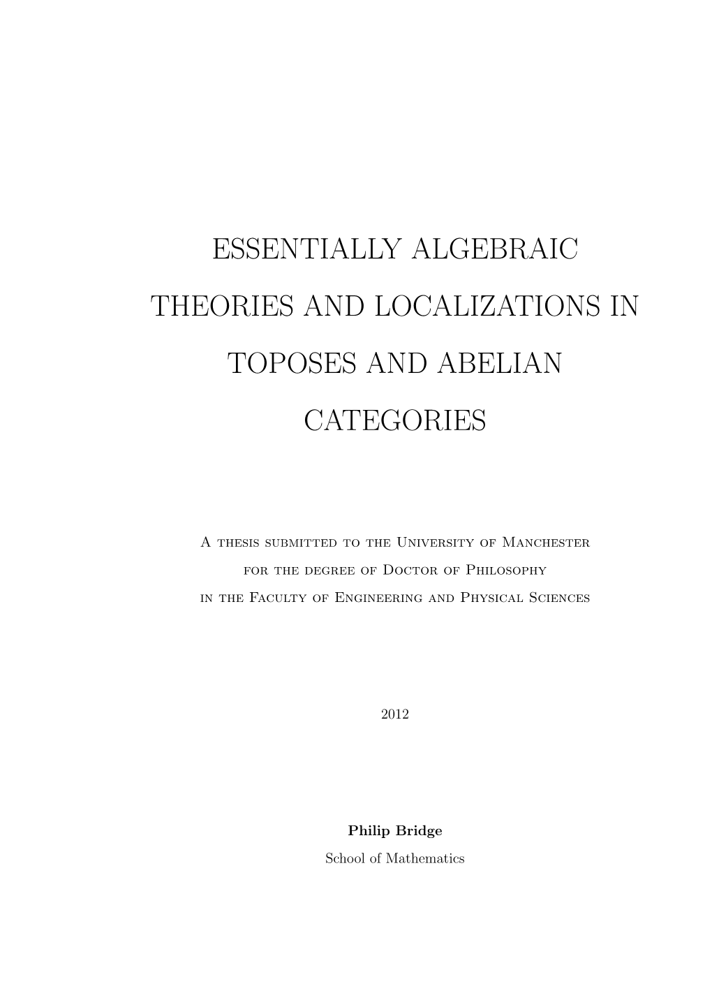 Essentially Algebraic Theories and Localizations in Toposes and Abelian Categories