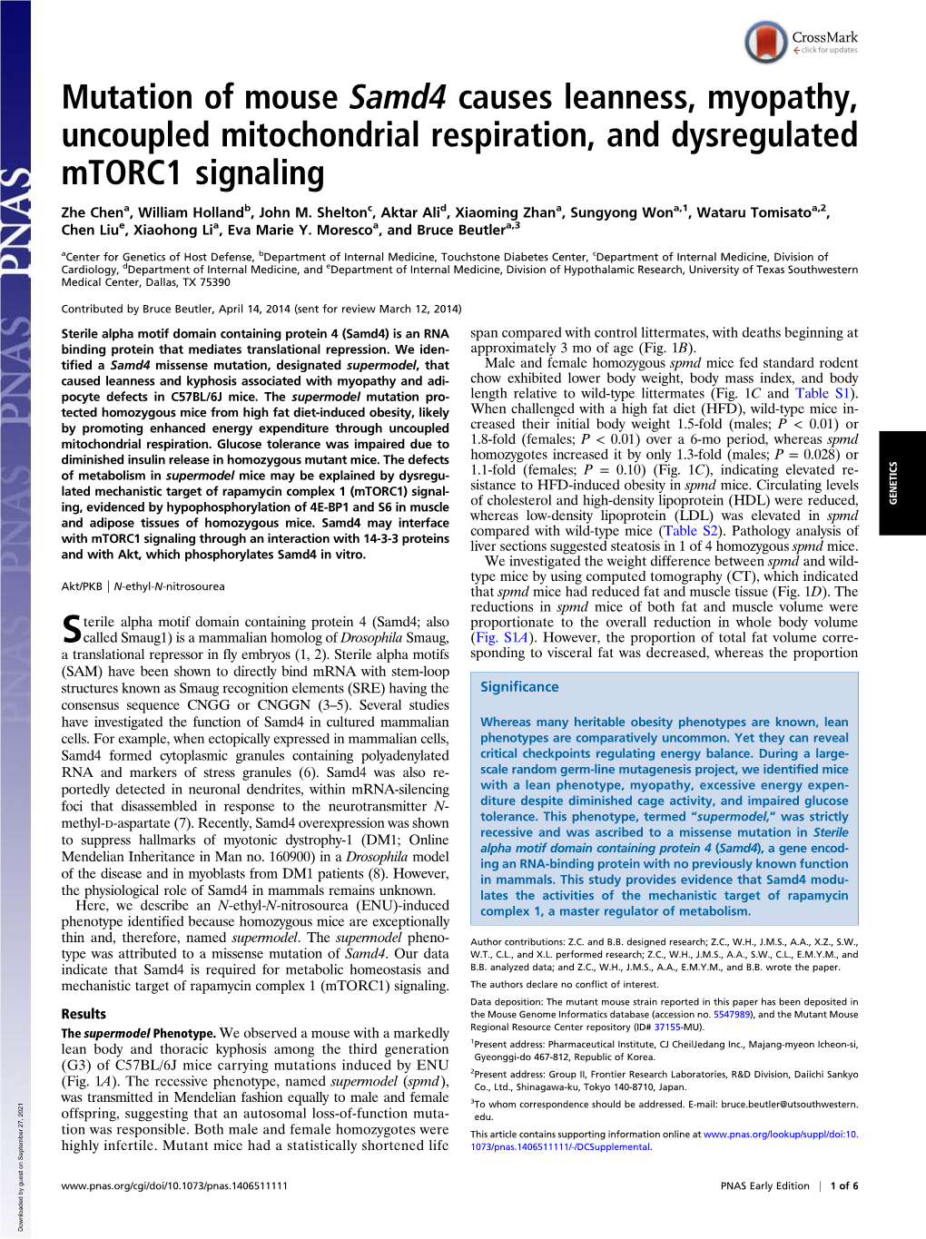 Mutation of Mouse Samd4 Causes Leanness, Myopathy, Uncoupled Mitochondrial Respiration, and Dysregulated Mtorc1 Signaling