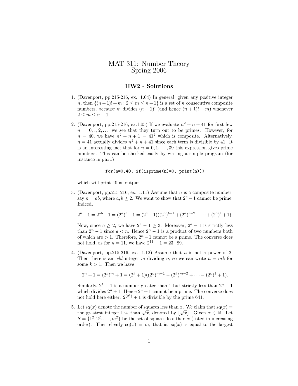 MAT 311: Number Theory Spring 2006