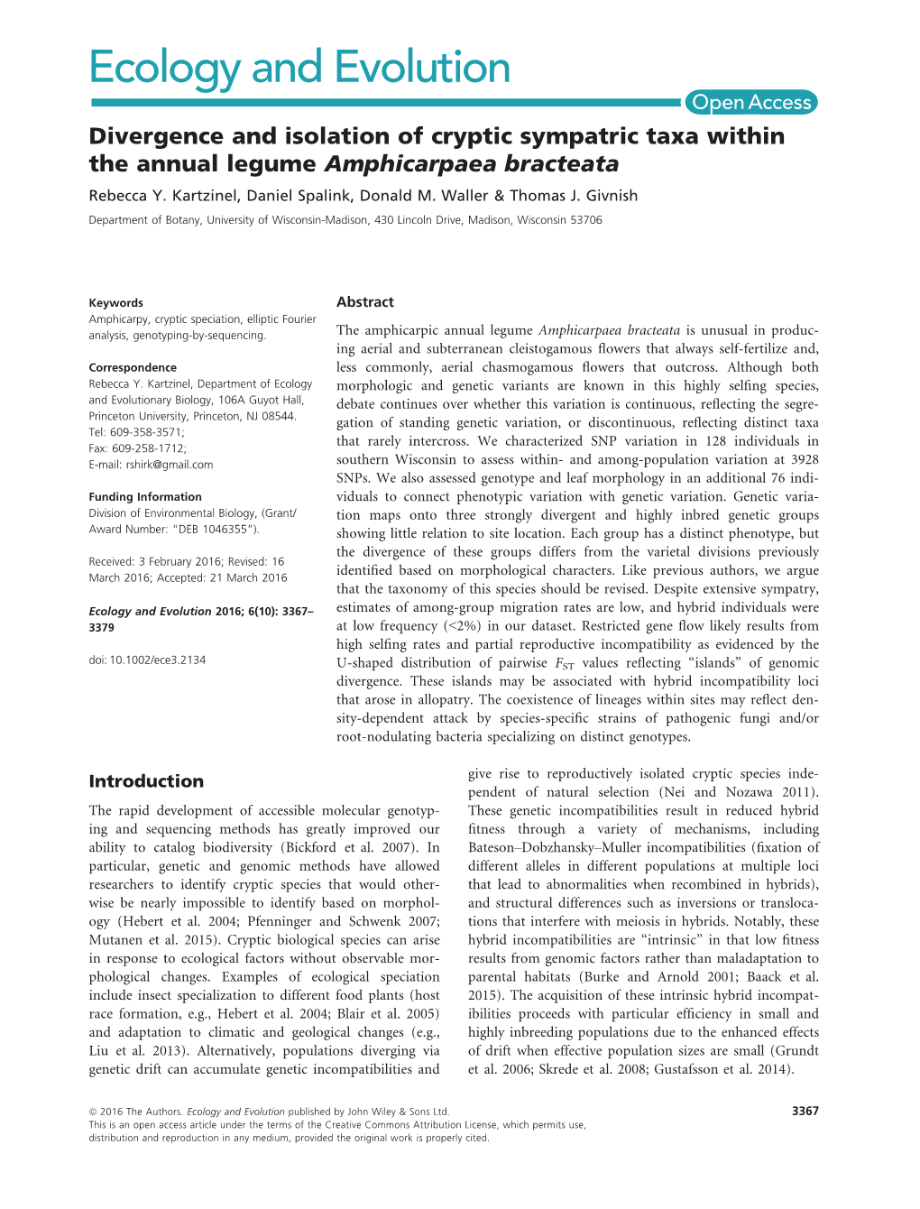 Divergence and Isolation of Cryptic Sympatric Taxa Within the Annual Legume Amphicarpaea Bracteata Rebecca Y