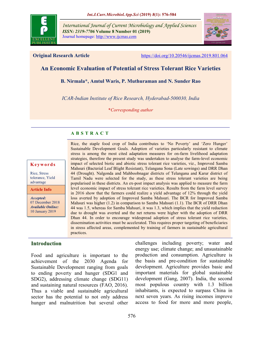 An Economic Evaluation of Potential of Stress Tolerant Rice Varieties